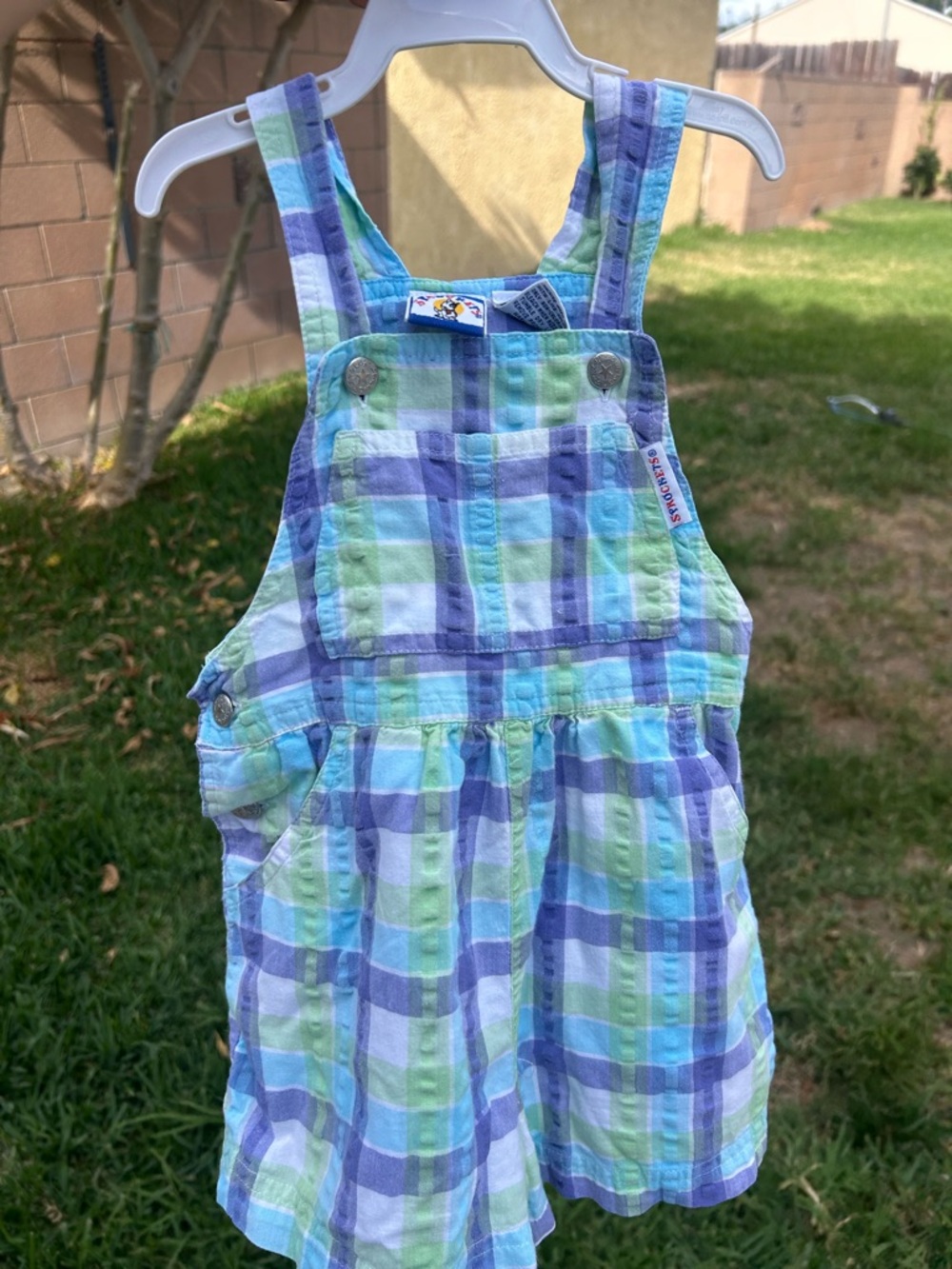 Plaid Cotton Overall Dress - Blue & Green